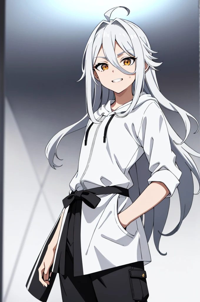 ***uthful, {bara}, Upper body ,{{ {olhando at viewer}}}, Side Arm, Concept Art, white background,  background, White Hair, silver gradient hair , complex fabric, Asymmetrical clothes, Virtual YouTubers, bestquality, masterpiece, dynamic angle, Wrong gear, Wrong gear, Wrong gear, cowboy_shot, olhando_back, greedy, youthful,ผู้Female,Female, young,20 age, very long hair, I flipped., silver-haired, flowing hair, ahoge, smirk, Beautiful and delicate golden eyes, teeth, Medium_breasts, blonde eyes, White skin, coat, hoodie, black_short pants, Gray clothes, transparent_background, backlighting, Absurd, highres, ultra-detail,