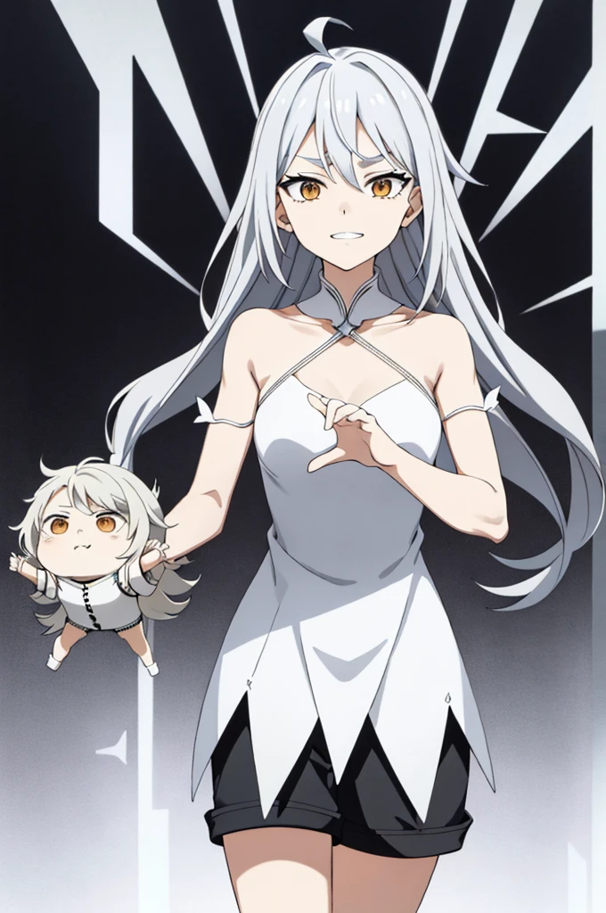 1youthful, {bara}, Upper body ,{{ {olhando at viewer}}}, Side Arm, Concept Art, white background,  background, White Hair, silver gradient hair , complex fabric, Asymmetrical clothes, Virtual YouTubers, bestquality, masterpiece, dynamic angle, Wrong gear, Wrong gear, Wrong gear, cowboy_shot, olhando_back, greedy, youthful,ผู้Female,Female, young,20 age, very long hair, I flipped., silver-haired, flowing hair, ahoge, smirk, Beautiful and delicate golden eyes, teeth, Medium_breasts, blonde eyes, White skin, coat, hoodie, black_short pants, Gray clothes, transparent_background, backlighting, Absurd, highres, ultra-detail,