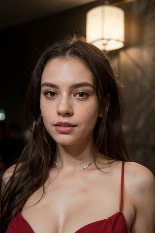 ((best quality)), ((masterpiece)), (detailed), perfect face realistic photo of beautiful woman with long dark brown hair, Russian, influencer, light freckles, dark brown eyes, big lips, no makeup, insagram, in a beach standing next to black wall, wearing sexy new years eve red dress with crystals