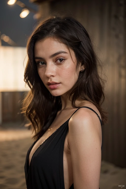 ((best quality)), ((masterpiece)), (detailed), perfect face realistic photo of beautiful woman with long dark brown hair, Russian, influencer, light freckles, dark brown eyes, big lips, no makeup, insagram, standing next to black wall, wearing red lace dress