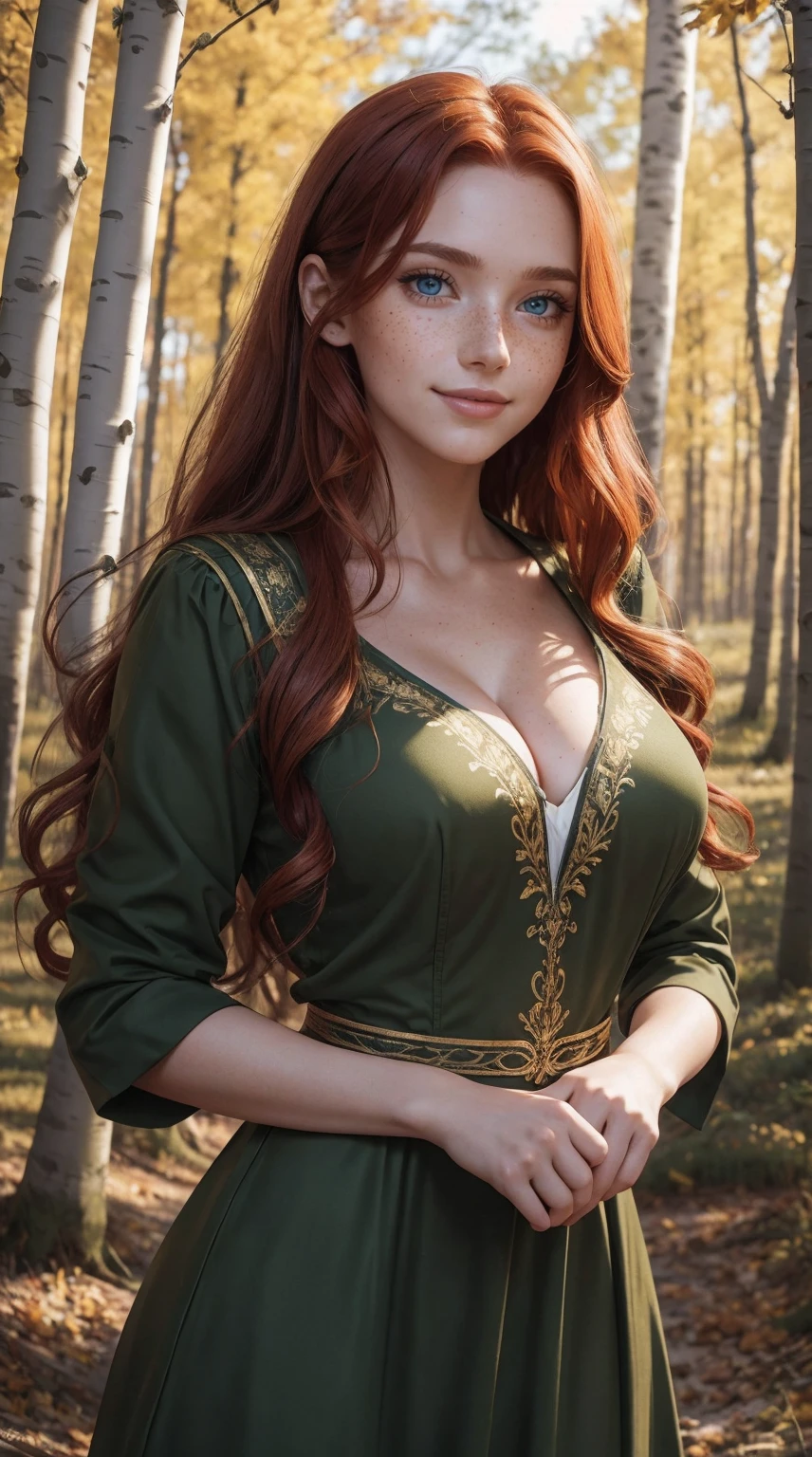 masterpiece, best quality, expressive eyes, perfect face, looking at viewer, large breast, big breast, wide hips, Best Quality, Realistic, curvy figure, highly detailed, showing cleavage, dressed as merida from brave, Red curly hair, big hair, blue eyes, Green outfit, in the forest, bow and arrow, detailed dress, freckles on her face, cheek blush, big puffy hair, very curly hair, castle in the bakcground, wearing a green cape, large nipples, short dress white stockings, garter, full body portrait