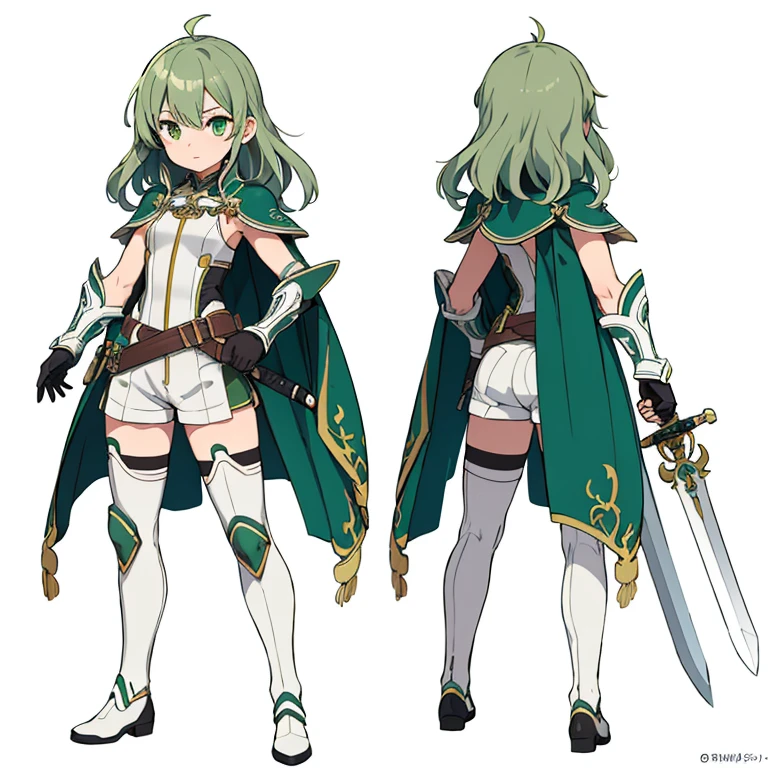 1girl, sword, holding sword, gloves, white background, full body, solo, gauntlets, multiple views, white cape, small shield, holding shield, thigh high, ((dark green hair)), wavy hair, reference sheet, buruma, micro shorts,