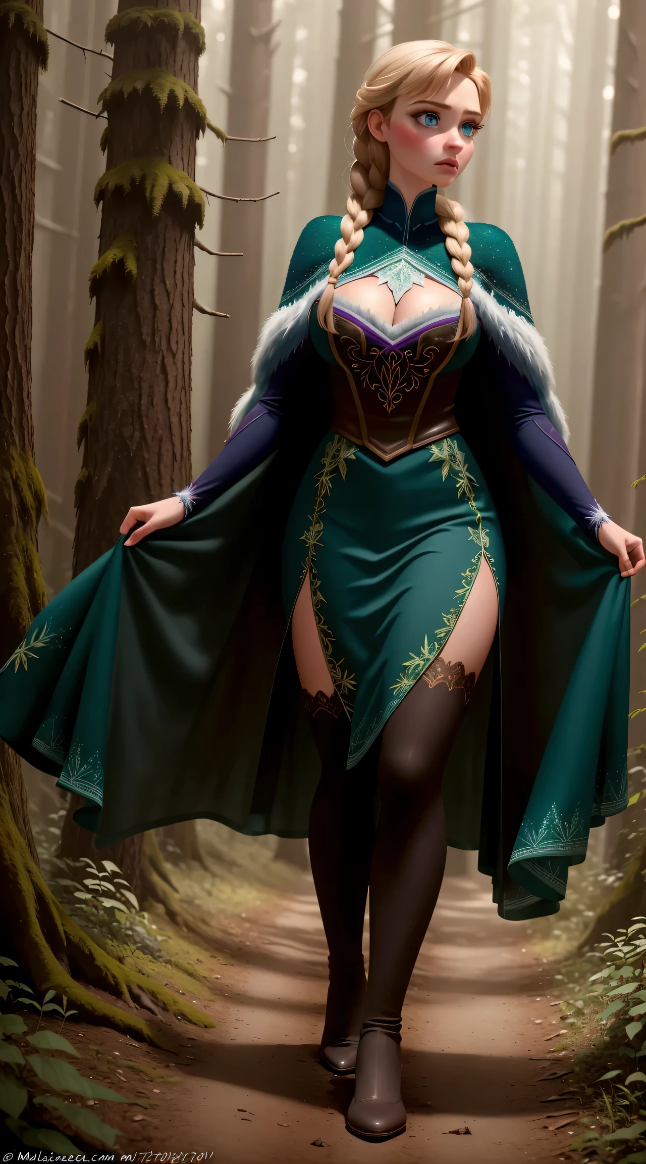 woman, ((Masterpiece, best quality)), full body view, bursting huge breasts, detailed skin, Anna from Frozen as a forest ranger, on a path in the forest,  glowing eyes from the bushes, Elegant ranger outfit, highly detailed, cinematic lighting, ultra realistic, blush, looking at viewer, anna, anna from movie Frozen.