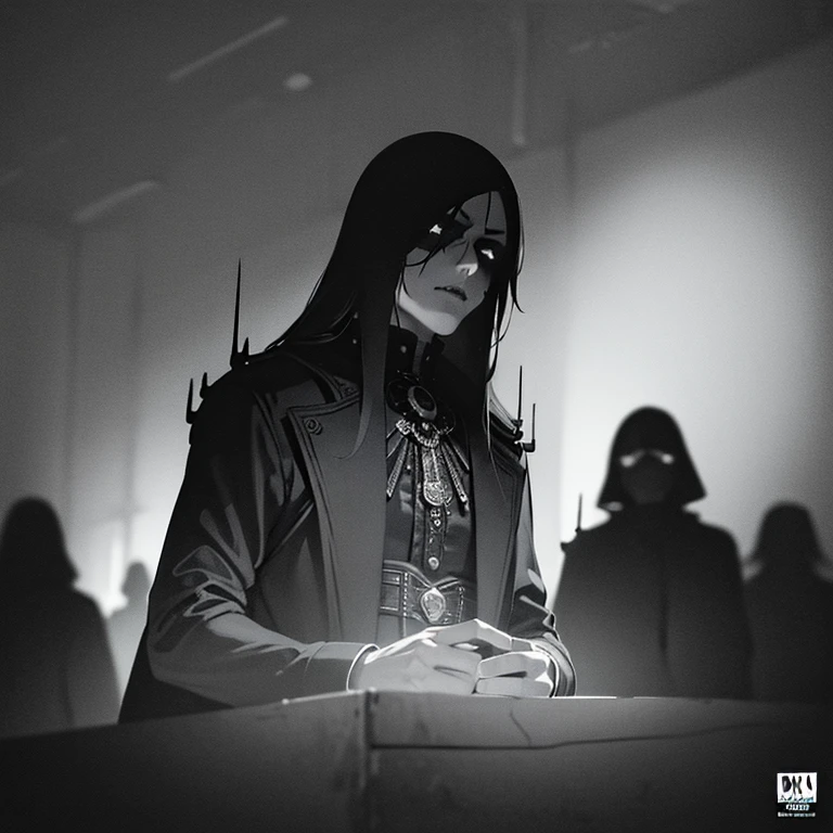 (best quality:1.2, 8k:1.2),dark style portraits, 3 men and 1 woman wearing masks and hoods,rock band CD cover,gritty black and white,moody lighting,cinematic shadows,high contrast,dramatic expressions,meticulous details,rough textures,edgy atmosphere,hauntingly beautiful composition,Noir-inspired,depth of field effect,monochrome film grain,artistic monochrome,ominous ambiance,noir lighting,expressive eyes,smoke and fog,mysterious poses,strong character presence,hidden identities,musical instruments in the background,skull motif,gothic elements,grunge aesthetic,album title in bold typography,intricate calligraphy,underground vibe,band logo in metallic silver,textured background with cracks and scratches,eerie atmosphere.