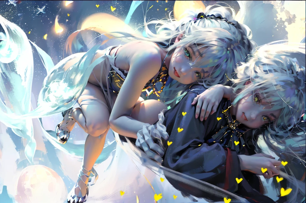 Light focus , princess gown,(Dark light gradient watercolor :1.5, Lens Flare:1.5 , Glitter :1.5), Glow , Dreamy , Dark background、(((Huge blue moon background:1.5)))Grid , Colorful, girl、(((Light color background:1.5,Psychic in the background:1.5,Countless souls in the background:1.75))),((extremely detailed eye:1.5)),{{{Ultra 8K resolution}}},((masutepiece, of the highest quality, Watercolor art (Pendanteautiful and aesthetic: 1.2)),{{hyper detailed masterpiece: 1.7}}, {{Cinematic lighting}},(The hair Transparency:1.5),(Light shades:1.5,light toned,Big aurora background in clear sky:1.5、ming:1.5,Cold reflection:1.5,The edges of the object are reflected by a rainbow:1.5) 、(Golden ratio: 1.2), (Full body: 1.2), (Super Detail: 1.3), (girl with: 1.3), (Fractal Art: 1.3), {{{Glitter Pupil:1.25}}}) ,patterns, ((rainbow-colored hair:1.2、colourful hair、Half blue and half red hair:1.5,Shiny hair: 1.2)), Colorful, Writing, (Heterochromia), (Colorful: 1.5), (((Shy face)), (Hyper-detailing), ((delicate detail)), (intricate-detail), ((Cinematic Light, Highest quality backlight)), High contrast, {{{The best lighting, Very delicate and beautiful}}}, (( Cinematic Light)), (ray trace reflection, Glolowing aura)), {{{Glowing hair:1.25}}}, ((Super Detail)), (8K)), ((Brown skin)), ((Seductive smile)) ,((high angle full body shot)),((,Heart-shaped pupil:1.5)), (Full body:2),(look at viewr:1.2),(Dazzling light:1.5)、(a white world:1.5)、(association:1.5)、write、shortpantig eyereaking glass:1.5)、{{ Stunning illustrations of amazing celestial objects}}, {{Galaxy fragmentation}}、zoom in on eyes, beautiful detailed Glass hair, Seductive smile, Heart-shaped_Pupils, Beautifully detailed,