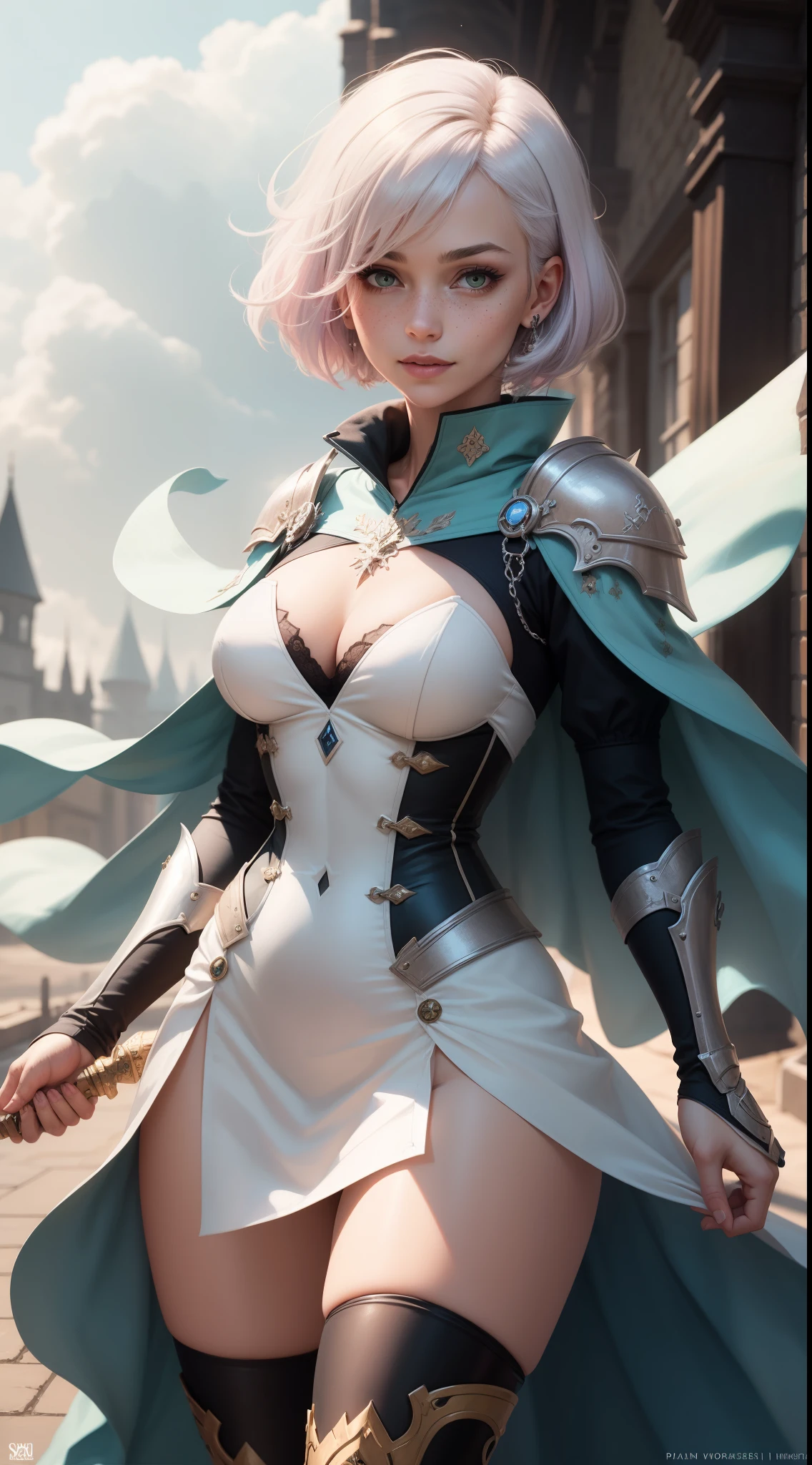 gwen tennyson,1girl,tracer,yorha 2b,rebecca chambers,overwatch,atelier ryza,close up,fantasy castle view,tattoos,blue and white plugsuit,white short sleeve knight top,snowflake embroidery knight armor,lycra micro skirt,snowflake embroidery corset, short hair,princess makeup,green eyes, multicolored silver and pink hair,long dress train,fierce smile,freckles,beautiful girl,knight thigh high boots,large breasts,8k,ultra detailed,realistic,fantasy art,white paladin uniform,queen gown skirt,snowflake hair pin,ear piercings,snowflake hand and neck jewelry,(weather:windy),long royal blue knight cape,holding a crystal sword,petals flying,
