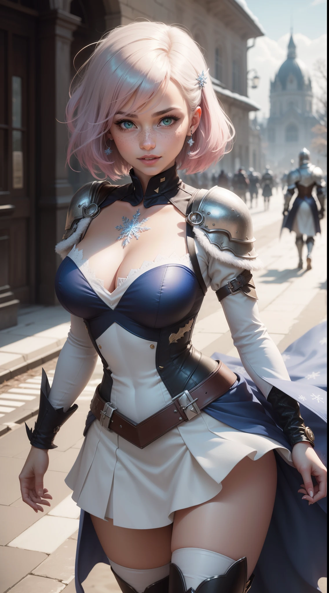 gwen tennyson,1girl,tracer,yorha 2b,rebecca chambers,overwatch,atelier ryza,close up,fantasy castle view,tattoos,blue and white plugsuit,white short sleeve knight top,snowflake embroidery knight armor,lycra micro skirt,snowflake embroidery corset, short hair,princess makeup,green eyes, multicolored silver and pink hair,long dress train,fierce smile,freckles,beautiful girl,knight thigh high boots,large breasts,8k,ultra detailed,realistic,fantasy art,white paladin uniform,queen gown skirt,snowflake hair pin,ear piercings,snowflake hand and neck jewelry,(weather:windy),long royal blue knight cape,holding a crystal sword,petals flying,