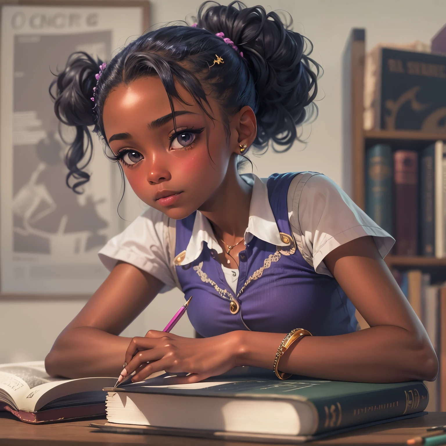 masterpiece, 1blackgirl, african american ager, medium breasts, solo, hair ornament, hair ornament, side ponytail, black hair, (big eyes:1.1), purple skirt, sleeveless, pink shirt, homework, books, holding pencil, smirk
