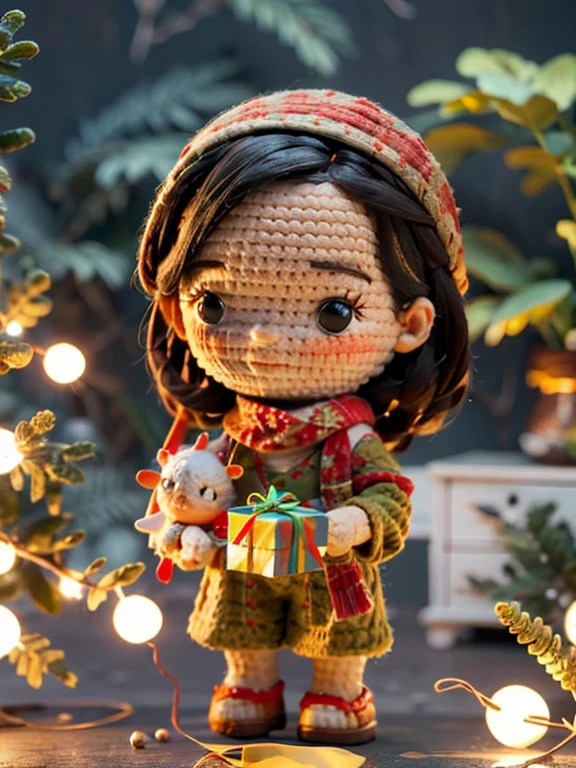 a cute big head Lara Croft, holding gift, red scarf, 3d animation, happy face, a Christmas trees and kitchen for background, Blurry background, Christmas ambience