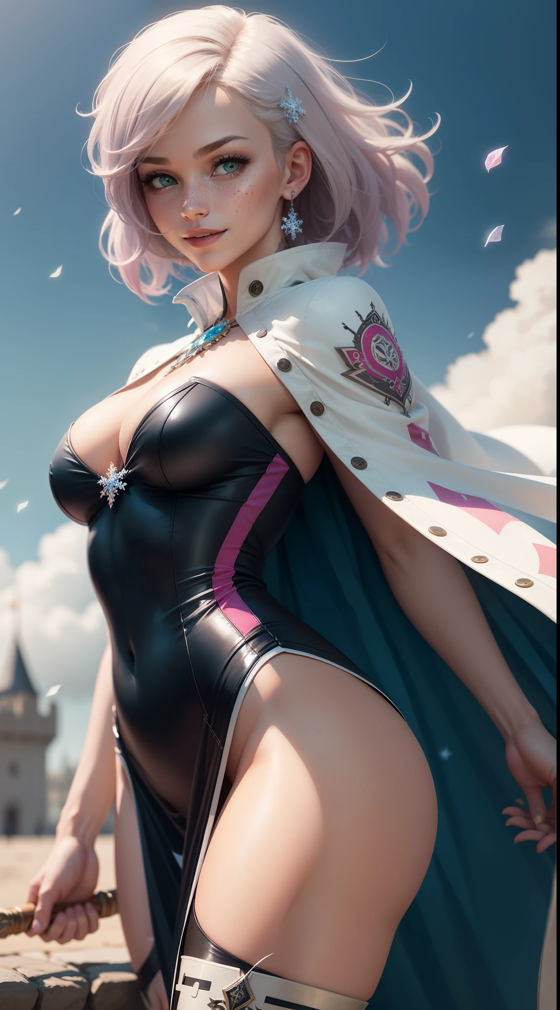 gwen tennyson,1girl,tracer,bulma,rebecca chambers,overwatch,atelier ryza,close up,fantasy castle view,tattoos,blue and white plugsuit,white short sleeve knight top,snowflake embroidery knight armor,lycra micro skirt,snowflake embroidery corset, short hair,princess makeup,green eyes, multicolored silver and pink hair,long dress train,fierce smile,freckles,beautiful girl,knight thigh high boots,large breasts,8k,ultra detailed,realistic,fantasy art,white paladin uniform,queen gown skirt,snowflake hair pin,ear piercings,snowflake hand and neck jewelry,(weather:windy),long royal blue knight cape,holding a crystal sword,petals flying,