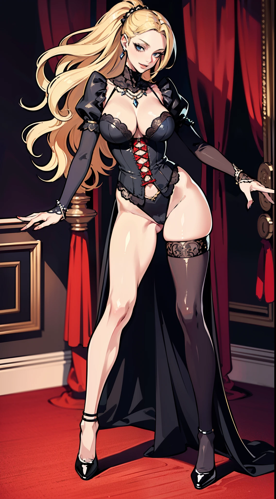 high quality fingers, normal hands, detailed fingers, masterpiece, (realistic, photo-realistic:1.37), (full body:1.5), High-end editorial-style photoshoot highlighting the beauty of a woman with blonde hair and bright blue eyes, dressed in a chic red and black corset, thin waist, seductive smile, large tits, perfect body, perfect face, (full body:1.5), set within the refined atmosphere of a Victorian ballroom. Stylish, elaborate jewelry made with expensive gems.