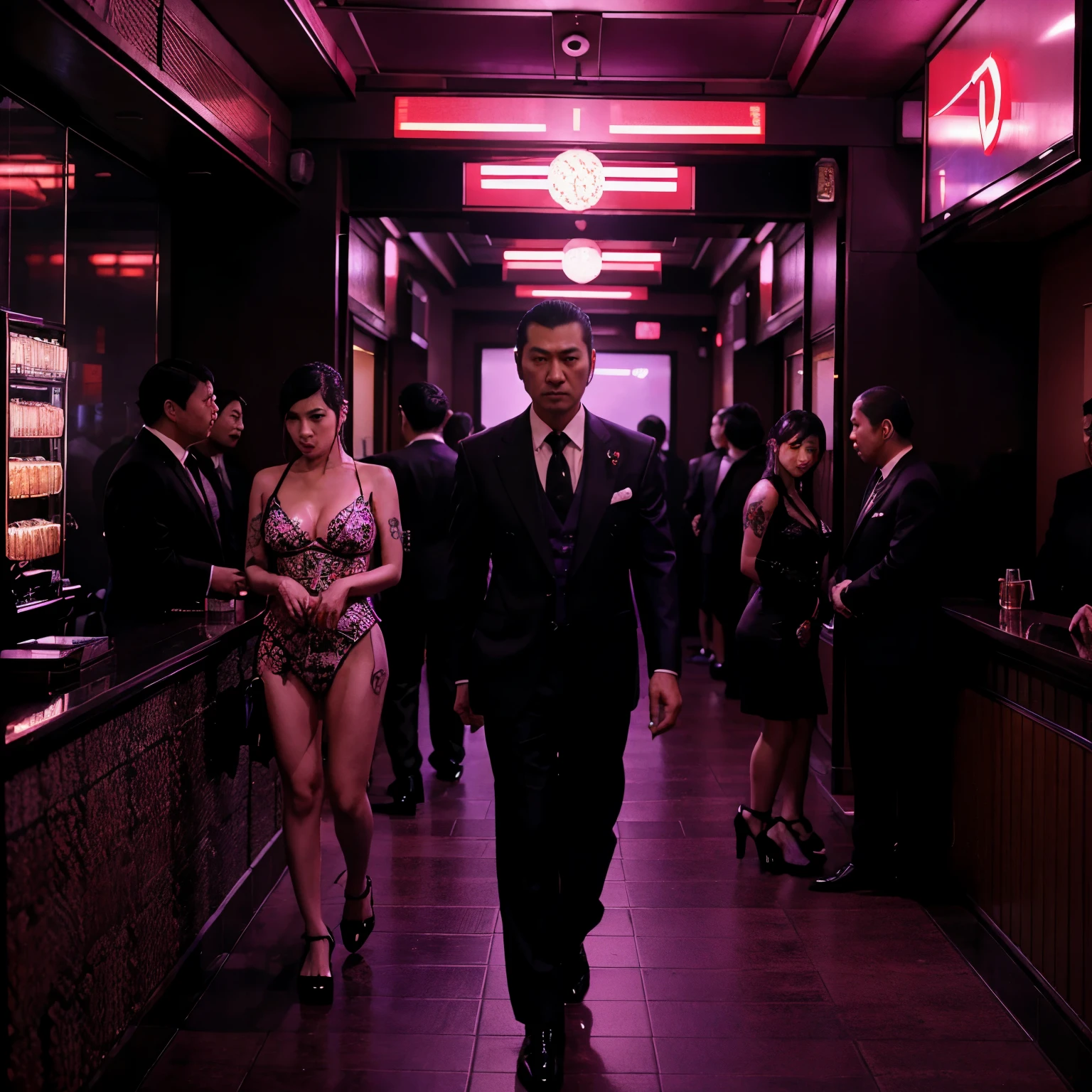 yakuza hotel reception with guards, mobsters and prostitutes in tokyo city at night with purple neon lights, film scene, cyberpunk, storm, 80s film, mafia building, mobsters, prostitutes, busy night, many people