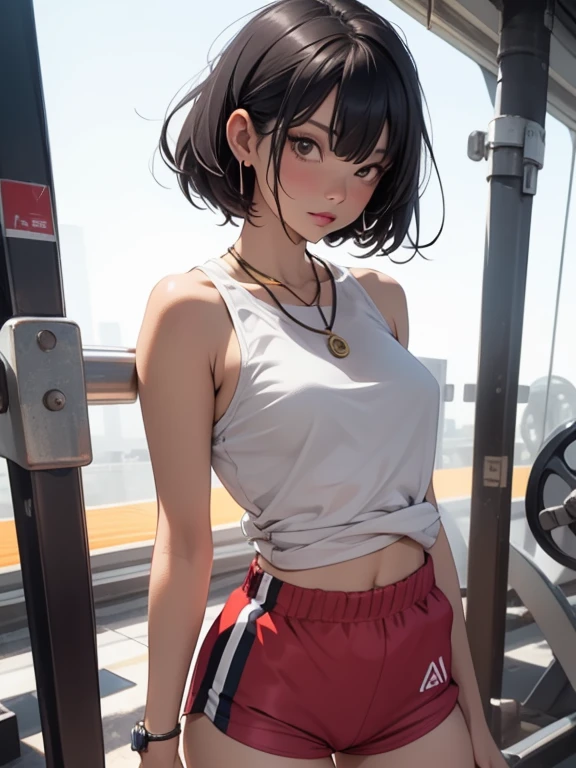 ((perfect anatomy:1.2,realistic:1.5,RAW Photography:1.5,masterpiece、highest quality、Ultra - High resolution、High resolution、Highly detailed CG、8K)),cowboy shot,1 female,solo、18 year old beauty,Japanese,((beautiful detailed face and eyes:1.3,gorgeous eyes:1.3,black eyes)),brown hair,short bob hair,straight hair,bangs,blush,((medium breasts,slender body,small head:1.3,skinny)),(brown skin:1.5,gleaming skin,oily skin,shiny skin,sweat),(White sports bra、White sports shorts、navel),standing,Athletics Stadium、
