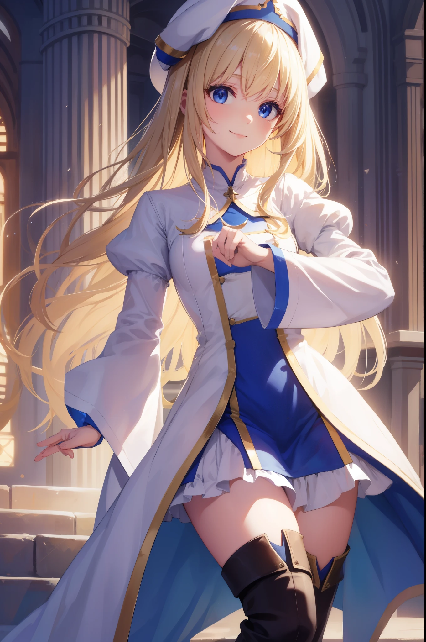 priestess, priestess, blonde hair, blue eyes, long hair, hair between eyes, (small breast:1.0), smile, BREAK boots, dress, frilled sleeves, frills, hat, white headwear, pelvic curtain, high heels, robe, thigh boots, thighhighs, white thighhighs, long sleeves, puffy sleeves, BREAK looking at viewer, BREAK indoors, church, BREAK (masterpiece:1.0), best quality, high resolution, unity 8k wallpaper, (illustration:0.8), (beautiful detailed eyes:1.0), extremely detailed face, perfect lighting, extremely detailed CG, (perfect hands, perfect anatomy),