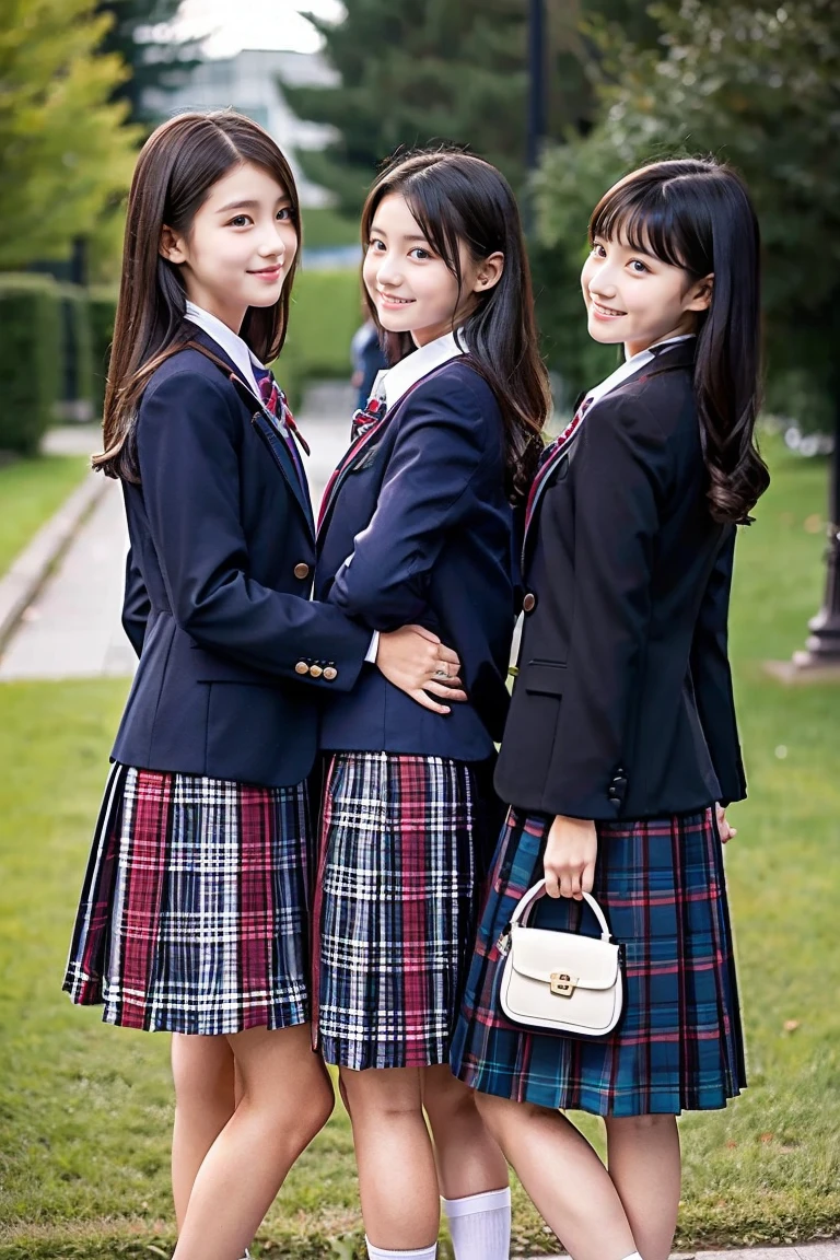 Three Beautiful Girls、Blazer School Uniform、A dark-haired、schools、early evening、ars、Plaid knee-length long skirt、lowfers、Looks Back、