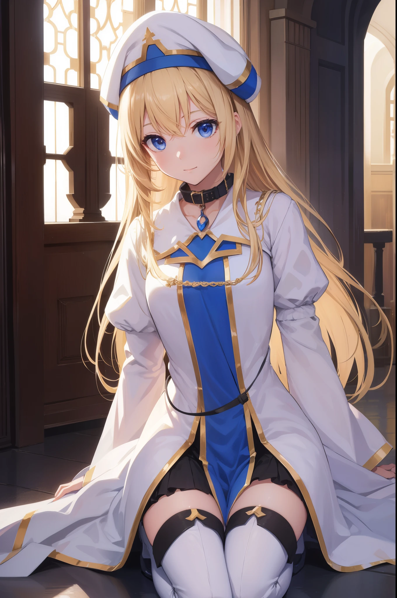 ((collar)),((leash))priestess, priestess, blonde hair, blue eyes, long hair, hair between eyes, (small breast:1.0), smile, BREAK boots, dress, frilled sleeves, frills, hat, white headwear, pelvic curtain, high heels, robe, thigh boots, thighhighs, white thighhighs, long sleeves, puffy sleeves, BREAK looking at viewer, BREAK indoors, church, BREAK (masterpiece:1.0), best quality, high resolution, unity 8k wallpaper, (illustration:0.8), (beautiful detailed eyes:1.0), extremely detailed face, perfect lighting, extremely detailed CG, (perfect hands, perfect anatomy),