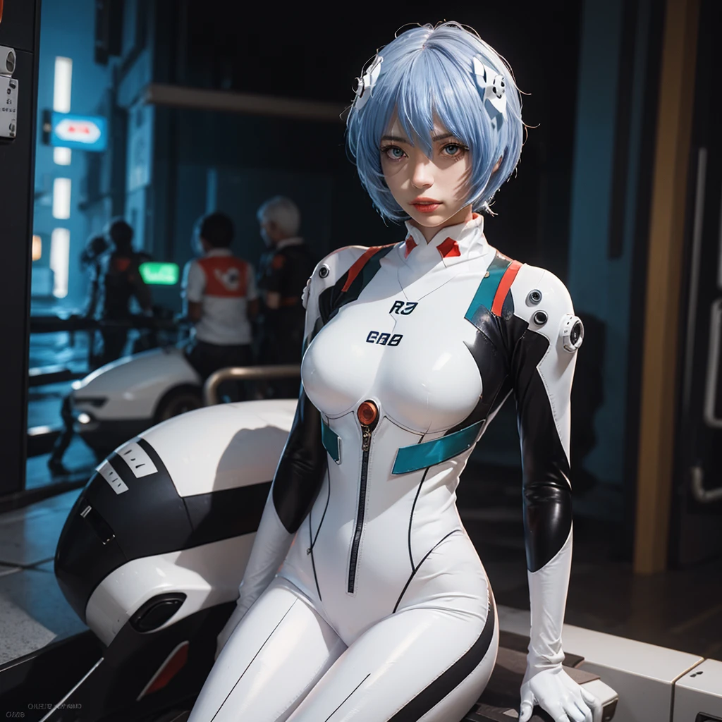 (Realistic, photoRealistic), Rei Ayanami_wang, 1girl in, Blue short hair, white hair ornament, ((White bodysuit, gloves)), Saihar body), Sitting on the ground, (Cowboy Shot),(masutepiece, High quality, Best Quality), (Colorful),(Delicate eyes and face), volumatic light, Ray tracing, the Extremely Detailed CG Unity 8K Wallpapers,Solo((flying petal)),Outdoors, ((Cyberpunk)), Cyber City, ((neon trim)), Night,(Cityscape),