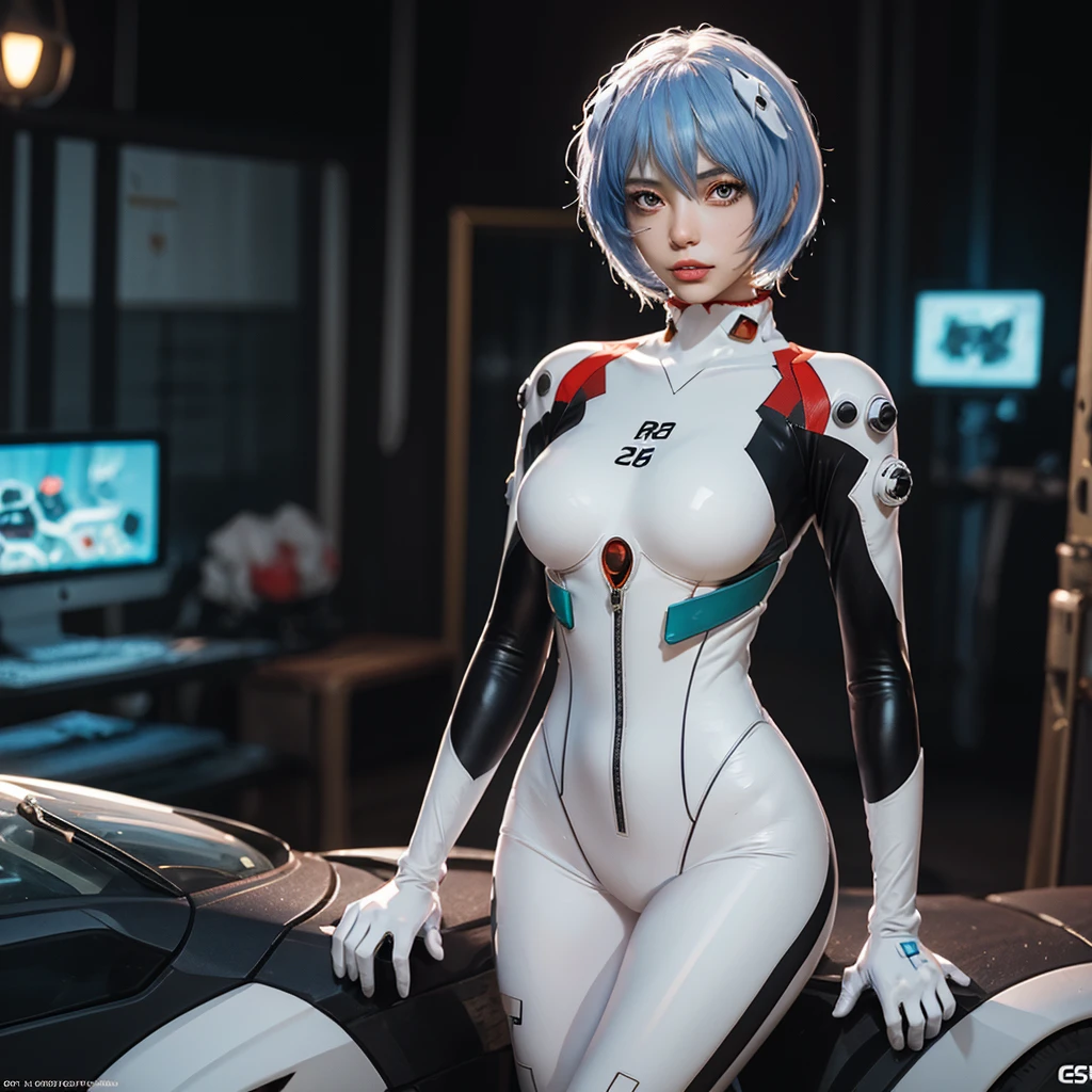 (Realistic, photoRealistic), Rei Ayanami_wang, 1girl in, Blue short hair, white hair ornament, ((White bodysuit, gloves)), Saihar body), Sitting on the ground, (Cowboy Shot),(masutepiece, High quality, Best Quality), (Colorful),(Delicate eyes and face), volumatic light, Ray tracing, the Extremely Detailed CG Unity 8K Wallpapers,Solo((flying petal)),Outdoors, ((Cyberpunk)), Cyber City, ((neon trim)), Night,(Cityscape),