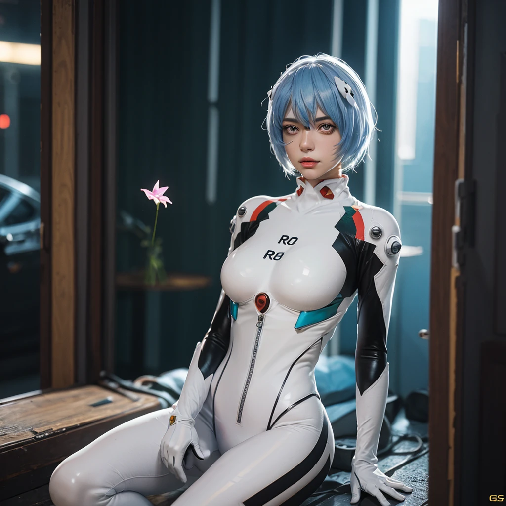 (Realistic, photoRealistic), Rei Ayanami_wang, 1girl in, Blue short hair, white hair ornament, ((White bodysuit, gloves)), Saihar body), Sitting on the ground, (Cowboy Shot),(masutepiece, High quality, Best Quality), (Colorful),(Delicate eyes and face), volumatic light, Ray tracing, the Extremely Detailed CG Unity 8K Wallpapers,Solo((flying petal)),Outdoors, ((Cyberpunk)), Cyber City, ((neon trim)), Night,(Cityscape),