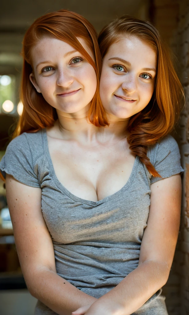 Two headed girl, (a young 5 year old child and her 27 year old mom:1.5), (a redhead and a brunette:1.3), (uncomfortable and annoyed:1.3)
