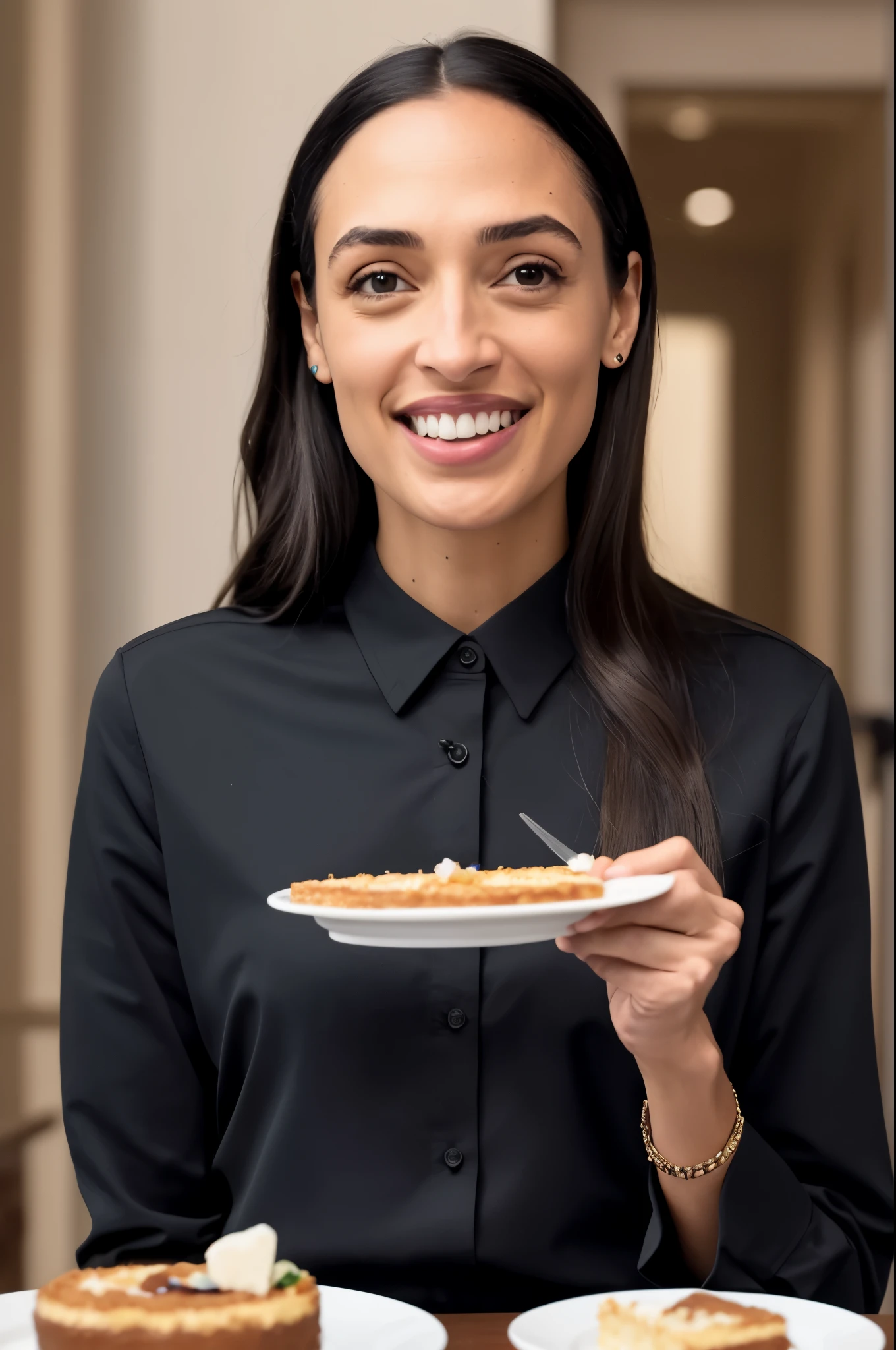 woman in black shirt eating a piece of cake with a fork, alexandria ocasio - cortez, alexandria ocasio-cortez, alexandria ocasio cortez, video screenshot, gal gadot, she is facing the camera, gal gadot china plate, taken in the early 2020s, pictured from the shoulders up, high quality screenshot, massive breasts