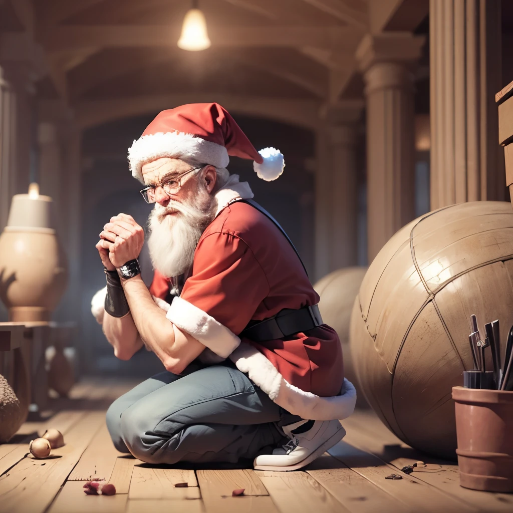 create a side image of Santa Claus kneeling with his hands asking for forgiveness, cartoon style, 4k --auto --s2