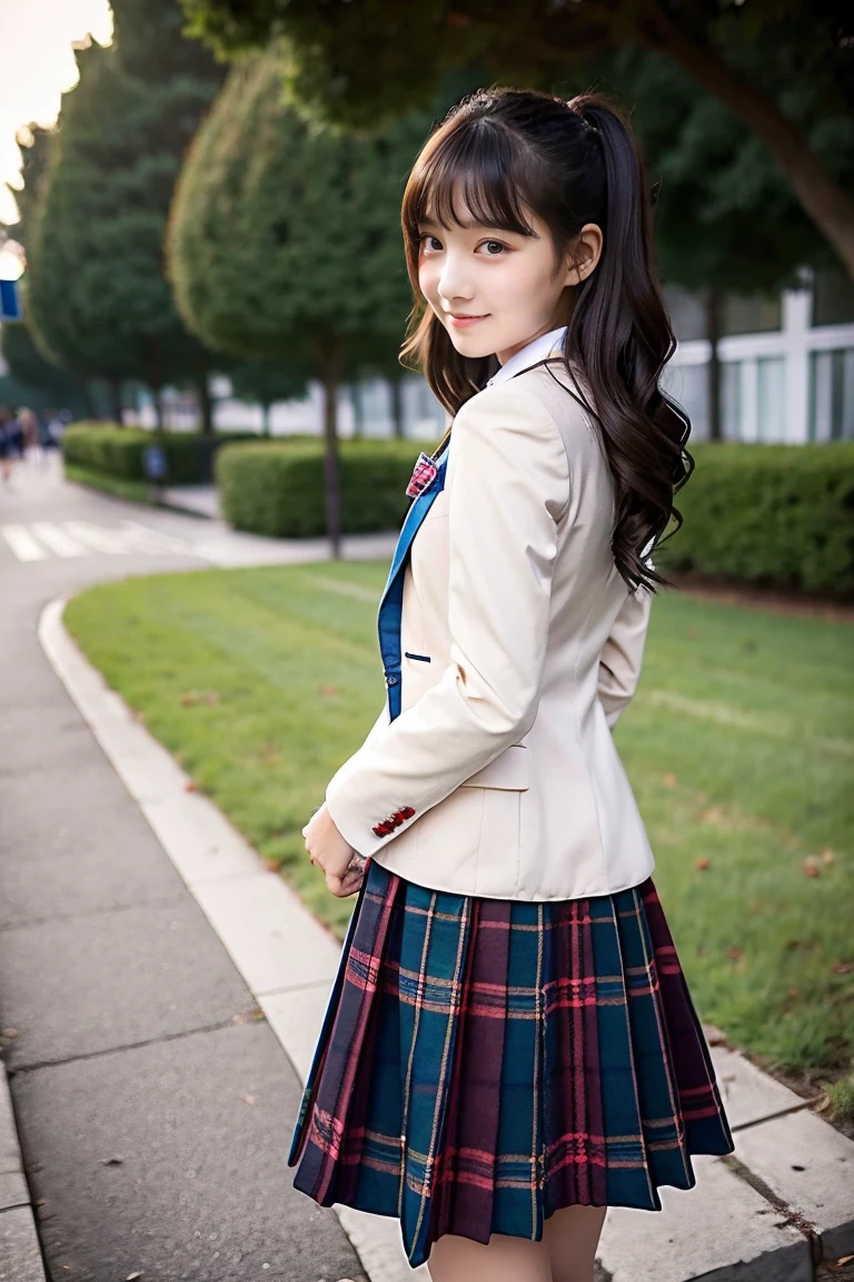 Two beautiful girls、Blazer School Uniform、A dark-haired、schools、early evening、13years、Plaid knee-length long skirt、lowfers、Looks Back、