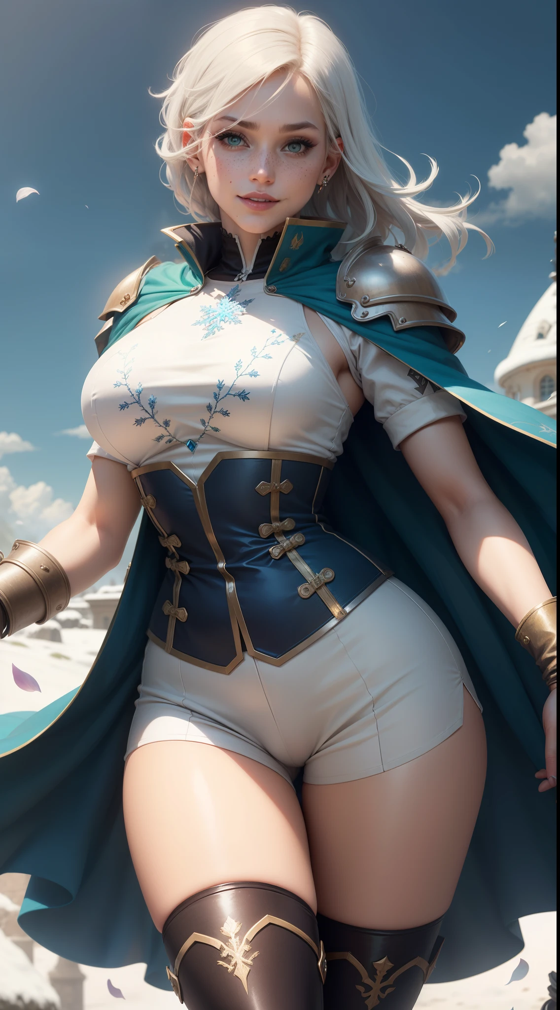 gwen tennyson,1girl,tracer,bulma,rebecca chambers,overwatch,atelier ryza,close up,fantasy castle view,tattoos,blue and white plugsuit,white short sleeve knight top,snowflake embroidery knight armor,lycra micro shorts,snowflake embroidery corset, short hair,princess makeup,green eyes, multicolored silver hair,long dress train,fierce smile,freckles,beautiful girl,knight thigh high boots,large breasts,8k,ultra detailed,realistic,fantasy art,royal knight uniform,snowflake hair pin,ear piercings,snowflake hand and neck jewelry,(weather:windy),long royal blue knight cape,holding a crystal sword,petals flying,