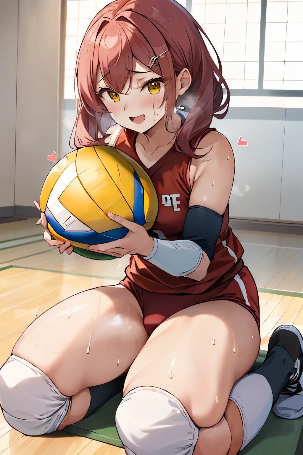 unity 8k wallpaper, anatomically correct, (((masterpiece))), (((best quality))), (((ultra detailed))), (((high-resolution))), ((super fine illustration)), ((Ultimate cutie)), ((perfect hands)), ((perfect finger)), (((good anatomy))), detailed beautiful face, shiny hair, (((gyaru))), (potbelly), (curvy), medium breasts, ((Thick thighs)), (((solo))), ((seductive smile)), (((blush))), ((half open mouth)), ((yellow spherical shape 6-inch volleyball)),
BREAK, (((sit astride the spherical shape 6-inch volleyball))), (((straddling on the spherical shape 6-inch volleyball))), (((Put crotch right the spherical shape 6-inch volleyball))),
BREAK, (((Rub the spherical shape 6-inch volleyball against crotch)))),
BREAK, (Volleyball Uniform), sleeveless volleyball uniform, (((red buruma))), ((kneepad)), (elbow pad), (((sweat))), (((covered in sweat))), ((deep breathing)), in Volleyball Court, indoor, lighting, looking at viewer, full body, (spoken heart)
