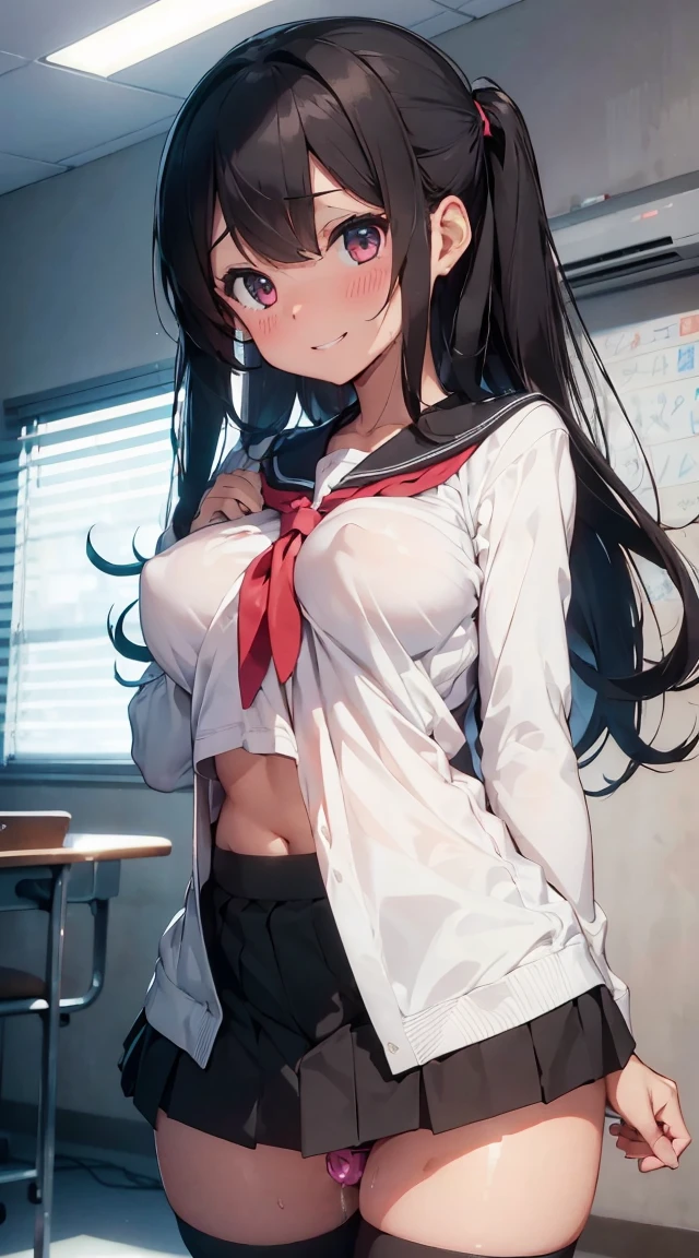 masterpiece,(girl),blush,black long hair, ((sweat))((gigantic breasts))(big eyes 1 4),(front view)electro nipples,nose blush,smile,ultra quality,high quality,perfect anatomy(((no sleeves anatomy serafuku)))highres,pussy,pov,panties,(classroom),standing,((((skirt lift)))))((((pussy 1remote control vibrator)))))((1 highres remote control vibrator))(pov hand),((1 highres remote control vibrator))arm up,day,(torogao)nsfw, sleeve less,((((orgasm))))(nsfw)