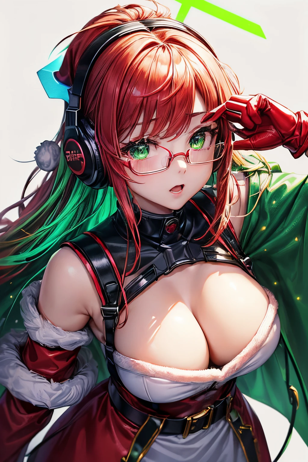 ((worst quality, low-quality)), Super delicate, masterpiece,Composition of the upper body, girl with, Solo, (Big breasts), ((chest opened, santa costume:1.2)), (Green hair, Longhaire), Hair over one eye, (Under-rim glasses:1.3),plump shiny lips, Beautiful clear eyes, Spoken Heart, Leaning forward, embarrassed,(Green and red theme:1.4), (Cyberpunk Fashion:1.2),(Christmas-themed dresses:1.2), (Circuit Pattern Stockings:1.1), (Metallic Hair Clip:1.2), (Open jacket:1.3), (In the tube that extends from the futuristic headset、There is a part that emits red light:1.3), (green neon color:1.3), (Pink sparkling geometric pattern on christmas dress:1.3), (Electronic circuit patterns that emit illumination light:1.3), ((Electronic circuit embedding, Multi-layer armor plates) With fluorescent red oversized open military jacket:1.3), (Black Harness:1.3), (Fluorescent red ski boots:1.1), ((Red Military Gloves):1.2), masutepiece,Best Quality,ultra-detailliert,masterpiece,