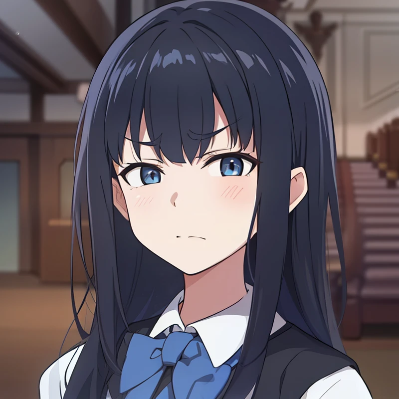 hiquality, tmasterpiece. the anime. (one girls) aristocrat. dark colored hair. gray eyes. Sullen face. Black Collet. white shirt. bow. Against the backdrop of a luxurious palace room