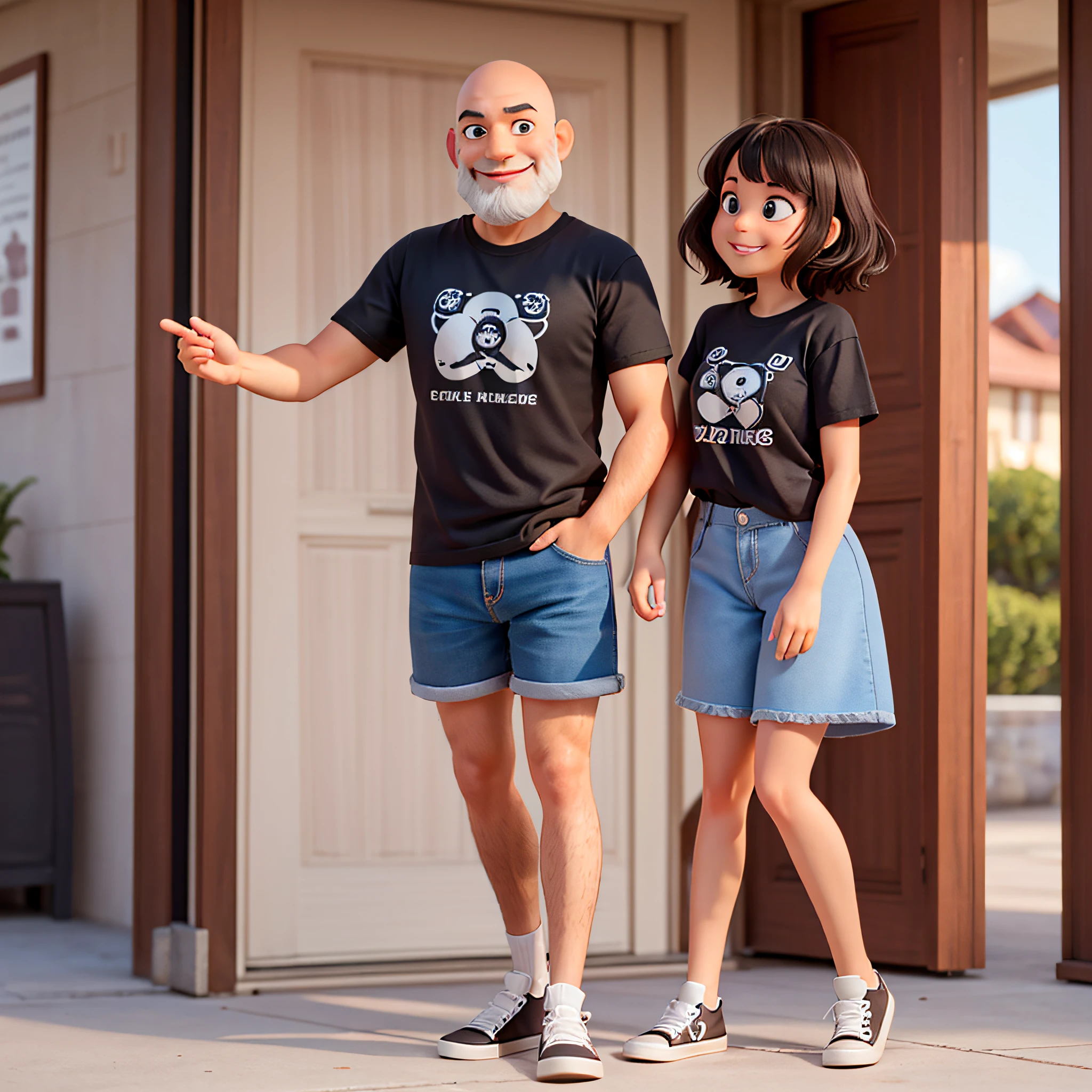 Personagem 3D, estilo de design da Disney Pixar, Man, alto, fino, em breve, sorridente, barba branca curta com bigode preto, vestindo uma camiseta preta, black shorts and all star converse sneakers. Next to it is a short, sorridente woman, com escuro, cabelos ondulados, vestindo uma camiseta azul clara, a short black skirt and light blue sneakers.