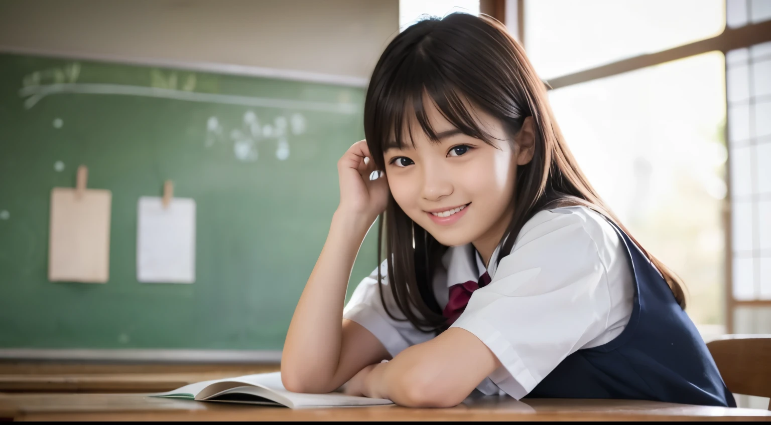((Breast enlargement)), (masterpiece, Highest quality:1.2), 8K, Young and beautiful girl, 85mm,Official AR RAW Photos, (Baby Face), ((Small face)), (((Super big breasts))), Detailed nipples, Show me your ears、photo shoot, Cute face, Thighs, Classroom after school, Looking at the audience, Embarrassing、smile、No makeup, Film Grain, chromatic aberration, Sharp focus, Face Light, Bright lighting, 10 generations, Detailed face, Background blur、((((((14 year old high school girl))))))、Narrow waist, ((Schoolgirl uniform, Checkered pleated mini skirt)), (White tiny panties), Sitting with your knees