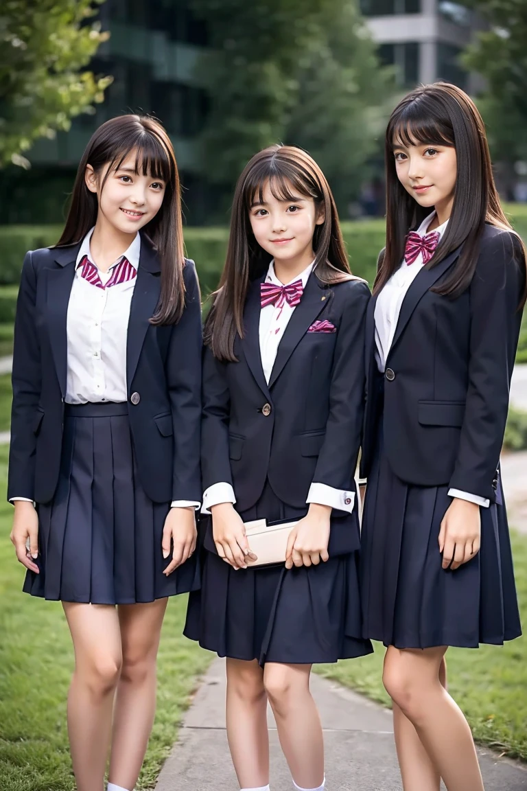 Three Beautiful Girls、Blazer School Uniform、A dark-haired、straight haired、Long、The other one has a short bob、schools、early evening、14years、Long skirt below knee length、lowfers、