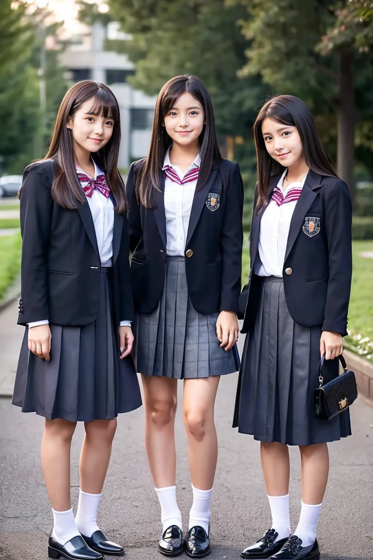 Three Beautiful Girls、Blazer School Uniform、A dark-haired、straight haired、Long、The other one has a short bob、schools、early evening、14years、Long skirt below knee length、lowfers、