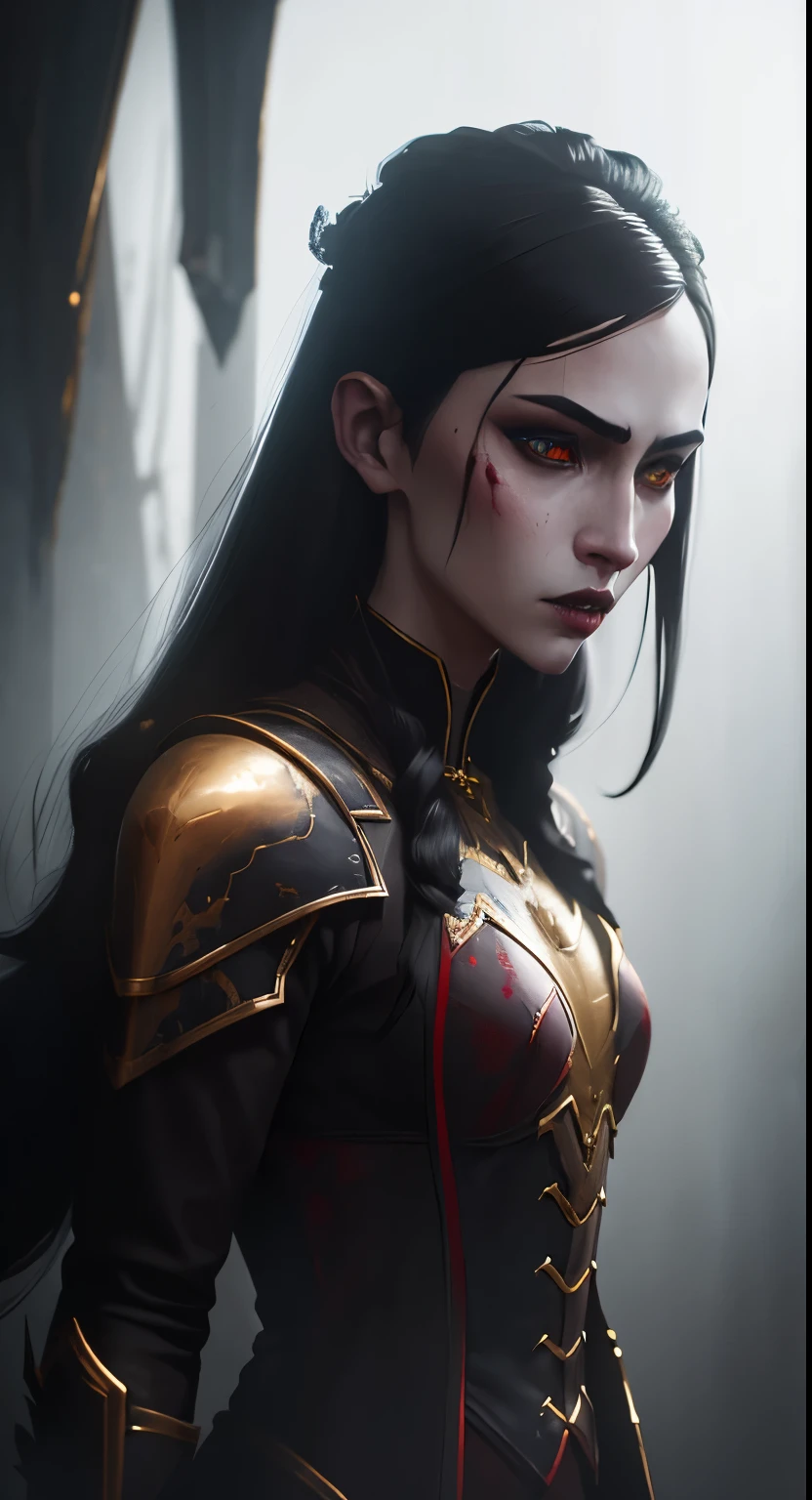 1girl, golden glowing eyes, black hair, pale skin, black gold armor, vampire king, fantasy dark souls world, fighting with, vampire Hunter, oil painting, detailed brushstrokes, haunting atmosphere, best quality, ultra-detailed, realistic, vivid colors, gothic style, eerie lighting, blood-red color tones.