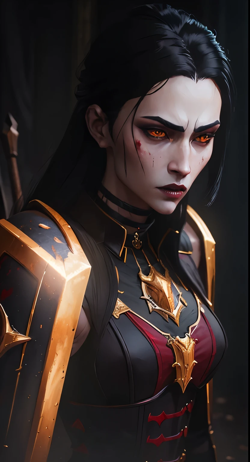 1girl, golden glowing eyes, black hair, pale skin, black gold armor, vampire queen, fantasy dark souls world, fighting with, vampire Hunter, oil painting, detailed brushstrokes, haunting atmosphere, best quality, ultra-detailed, realistic, vivid colors, gothic style, eerie lighting, blood-red color tones.