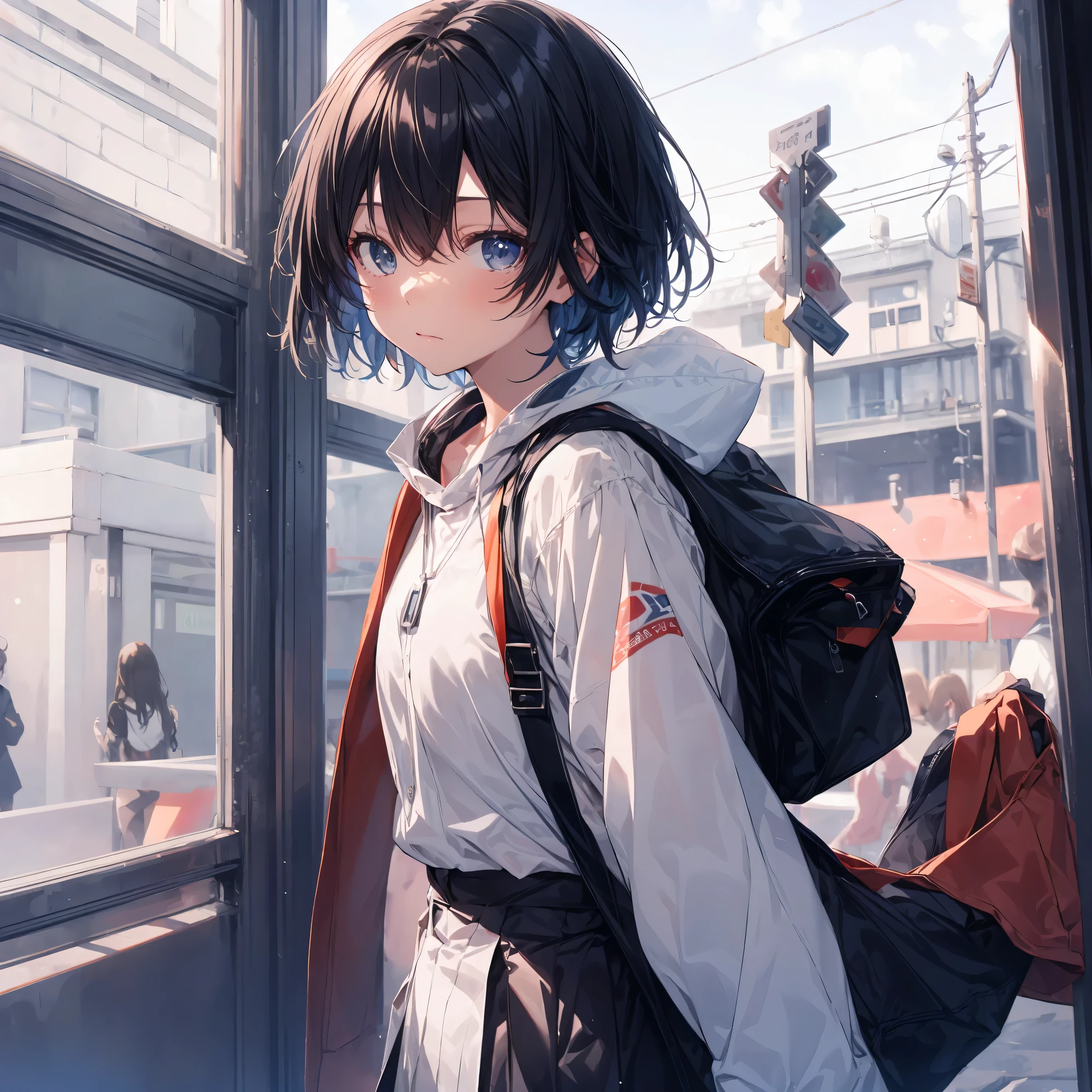 Super high quality by the art god, Ultra-detailed, High resolution, anime moe art style, best anime 8K konachan wallpaper, Pixiv Contest Winner, Perfect Anatomy, BREAK,(Draw a girl sleepily walking to school. ),BREAK, 1girl in, (Solo,Lori,child,13years:1.3),Full limbs, complete fingers,a junior high school student, Androgynous attraction, (Very short hair), Sleeping hair, hair messy, flat chest, Small butt, groin, Small eyes,Beautiful detailed black eyes, Well-proportioned iris and pupils, disgusted eye,  High resolution detailed hair, School uniform, Skirt, On the way to school. BREAK,Ultra-detailed細なスキン, Best lighting by famous artists, 8K, Illustration,