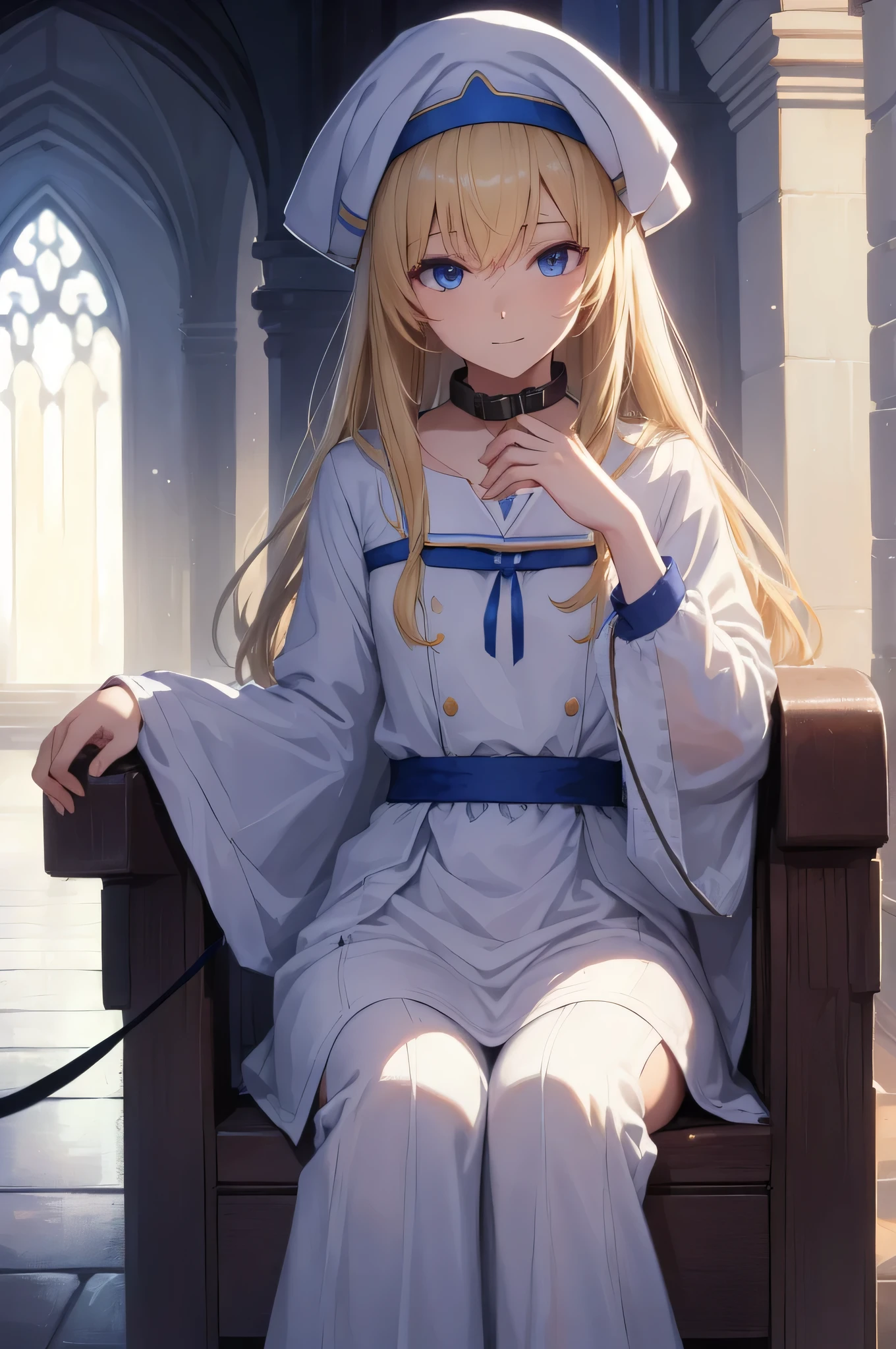 ((((collar:1,4)))),((((leash))))priestess, priestess, blonde hair, blue eyes, long hair, hair between eyes, (small breast:1.0), smile, ((eating shit)), BREAK indoors, church, BREAK (masterpiece:1.0), best quality, high resolution, unity 8k wallpaper, (illustration:0.8), (beautiful detailed eyes:1.0), extremely detailed face, perfect lighting, extremely detailed CG, (perfect hands, perfect anatomy),