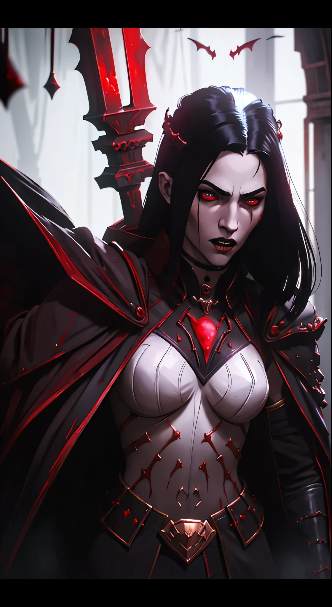 1girl, red glowing eyes, black hair, pale skin, black gold armor, vampire king, fantasy dark souls world, fighting with, vampire Hunter, oil painting, detailed brushstrokes, haunting atmosphere, best quality, ultra-detailed, realistic, vivid colors, gothic style, eerie lighting, blood-red color tones.