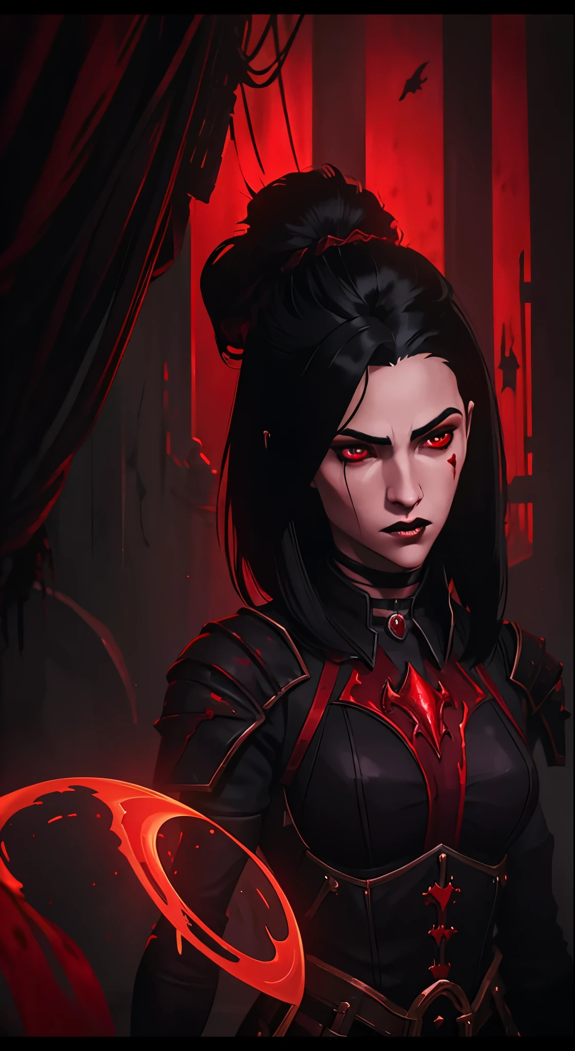 1girl, red glowing eyes, black hair, pale skin, black gold armor, vampire king, fantasy dark souls world, fighting with, vampire Hunter, oil painting, detailed brushstrokes, haunting atmosphere, best quality, ultra-detailed, realistic, vivid colors, gothic style, eerie lighting, blood-red color tones.