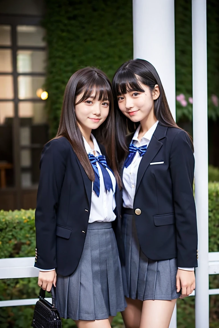 Two beautiful girls、Blazer School Uniform、A dark-haired、straight haired、(One has long hair、The other one has a short bob)、schools、early evening、14years、Long skirt below knee length、lowfers、