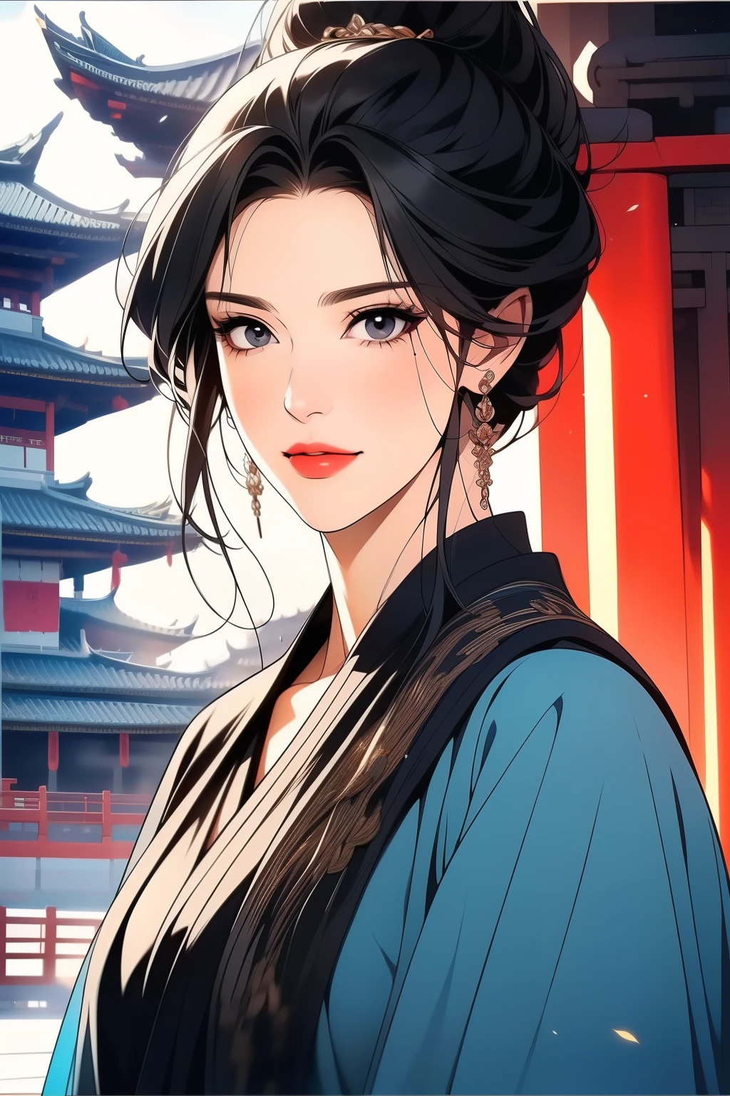 Best quality，tmasterpiece，16k,A 50-year-old woman，Women pay attention to beautiful Chinese style clothes，natta，rays of moonlight，Asian architecture，Elaborate Eyes，Detailed faces，