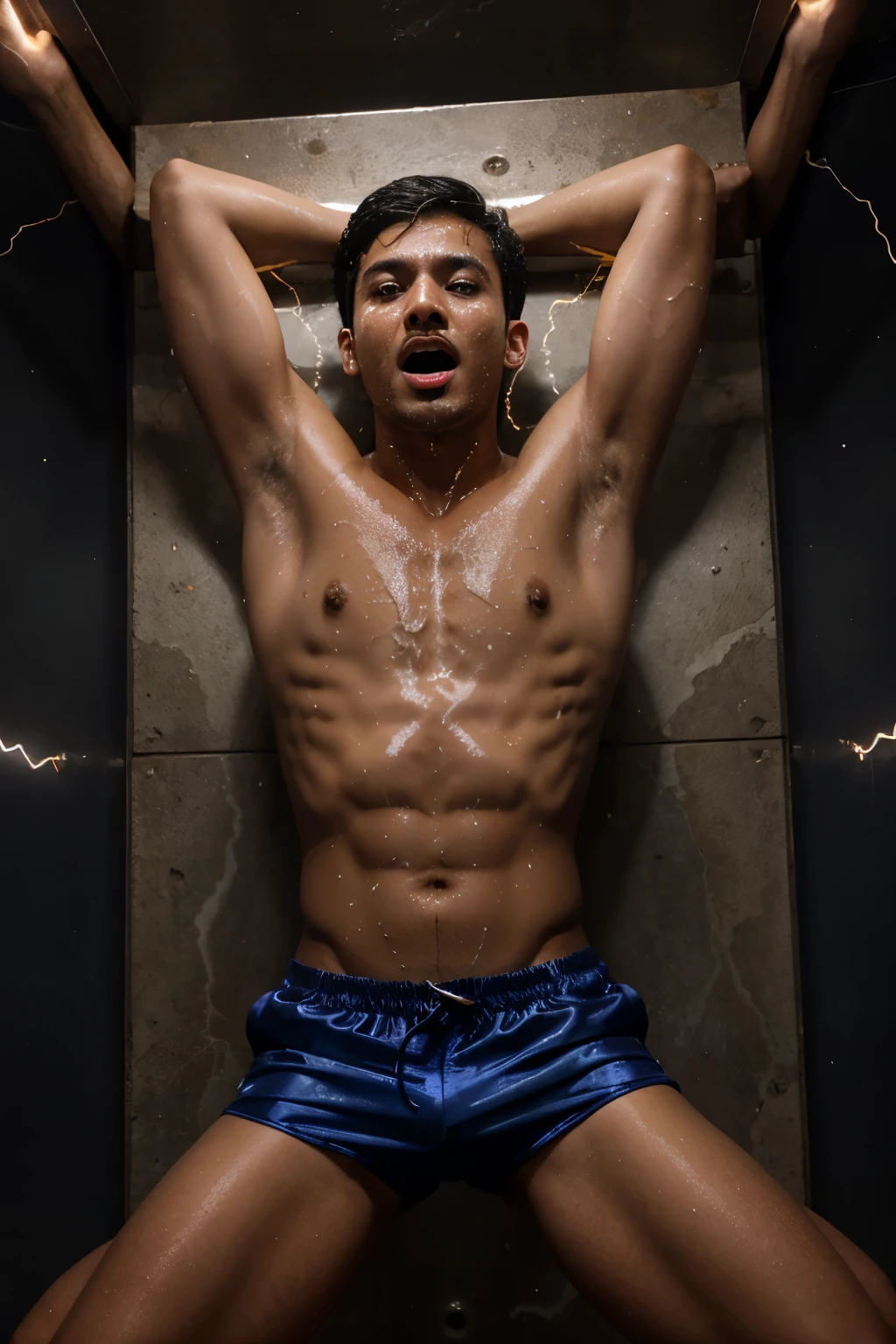 A skinny young south asian man in wet satin shorts screams while crucified in a torture chamber surrounded by lightning bolts