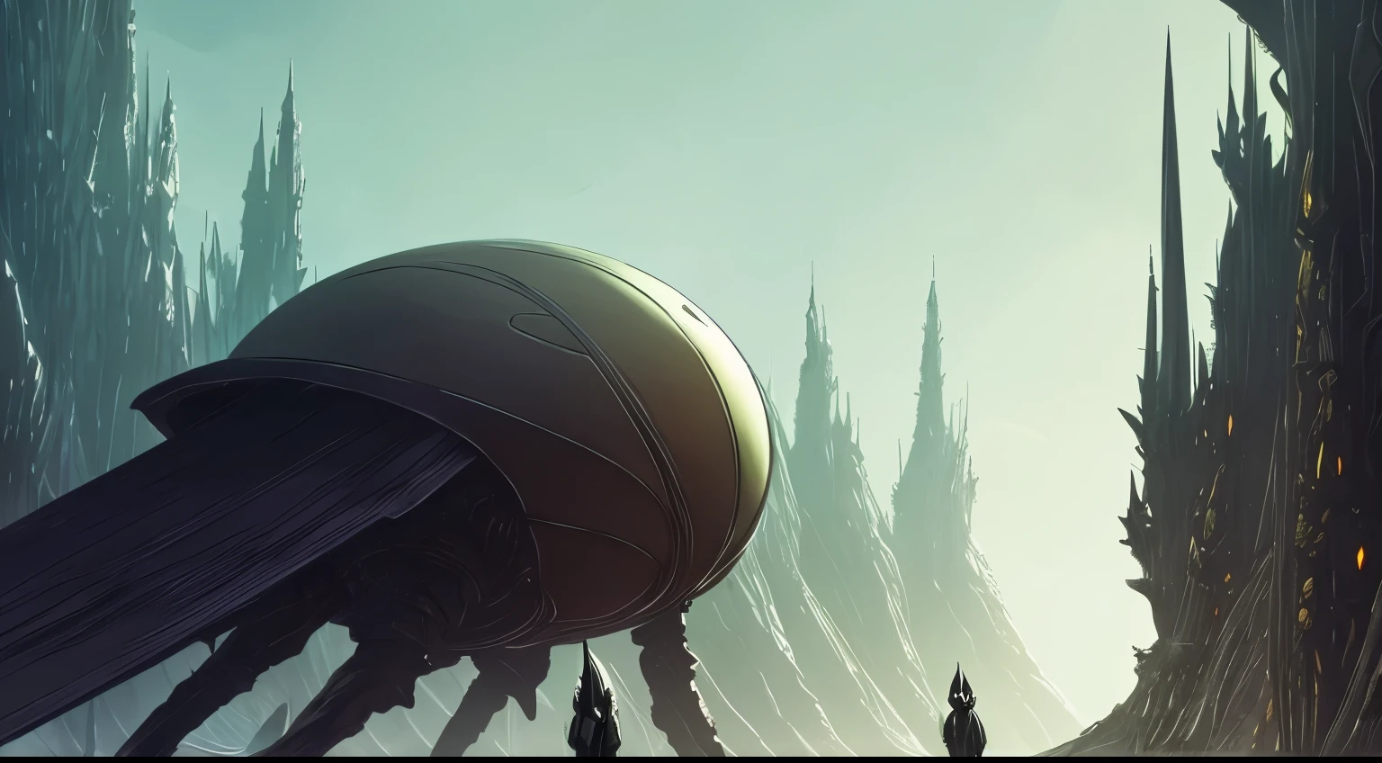 make an organic environment with insectoid architectural shapes. Similar to the movie Angel's Egg. Organic elements with lovecraftian style, shaped like a human torso. abyssal, humanoid, architectural, veins, holes combined with sharp architectural language, organic elements, high detail, 2d concept art. Messy, creepy, high detail, hollow knight style, angel's egg. Colors from Hollow Knight