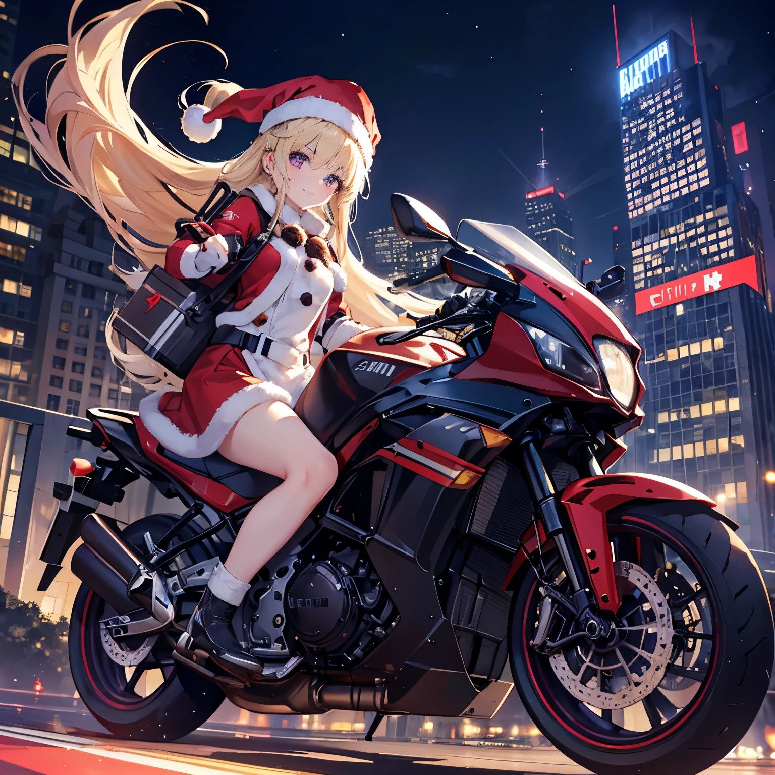 masterpiece, best quality, ultra detailed, girl, santa costume, mechanical suit, blonde, red cap, dark purple eyes, fearless smile, looking back, carrying white sack, flying, ride on air bike, night, cyber city, between high buildings, from below