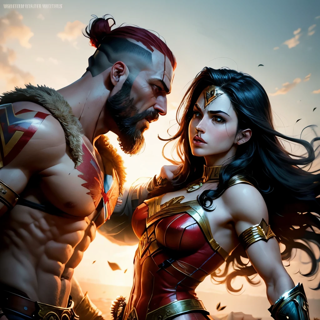 Masterpice, art representing Kratos from God of war versus wonderwoman (princess dyana) from dc comics in bloody fighting between them