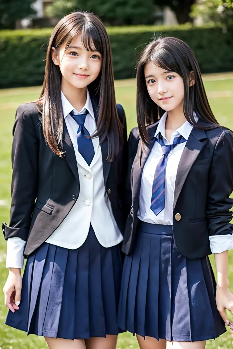 Two beautiful girls、Blazer School Uniform、A dark-haired、straight haired、(One has long hair、The other one has a short bob)、schools、early evening、14years、Long skirt below knee length、lowfers、Frolic、