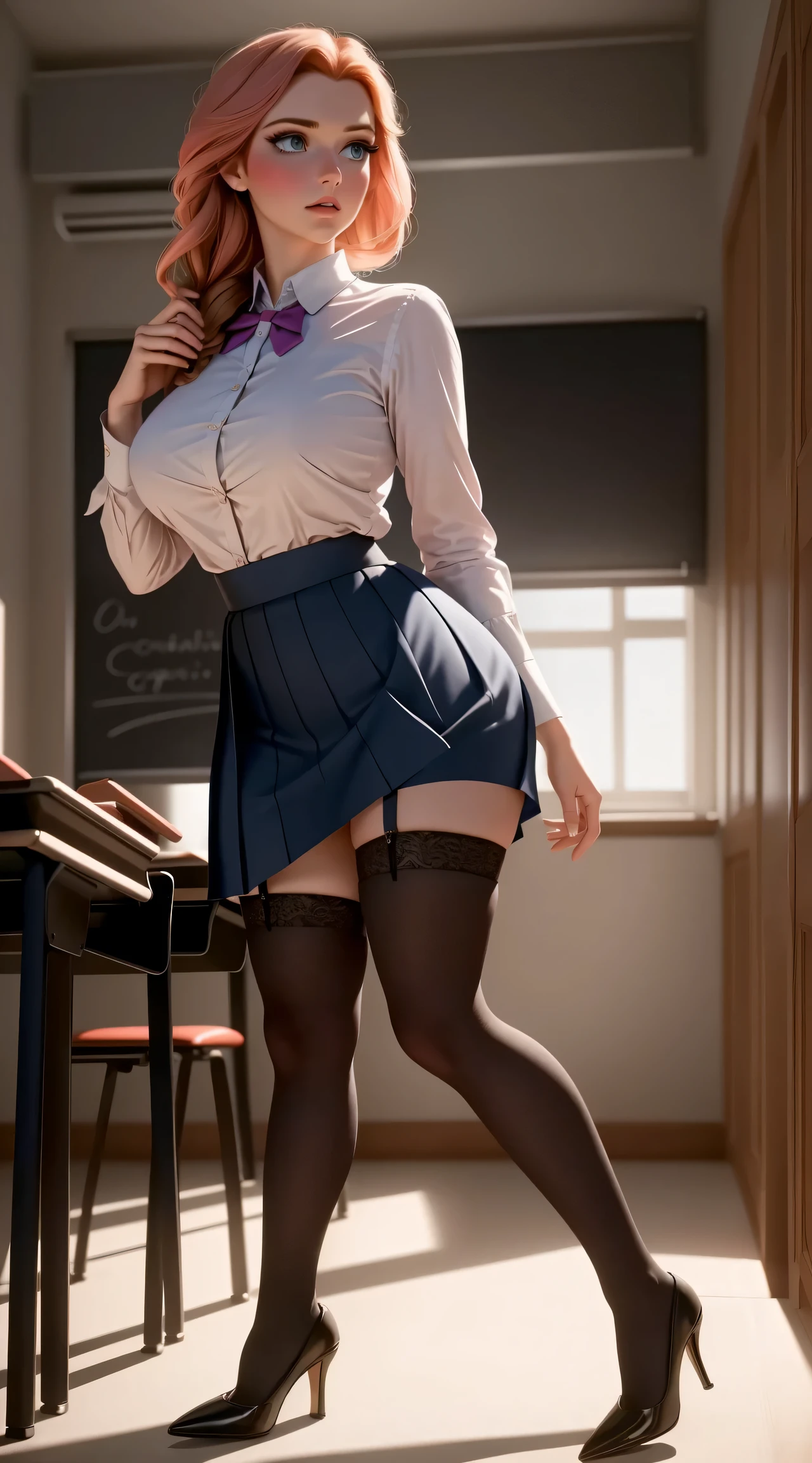 woman, ((Masterpiece, best quality)), full body view, bursting huge breasts, detailed skin, Anna from Frozen as a teacher, in class room, high heels, stockings,   Elegant teacher outfit, over the knee skirt, highly detailed, cinematic lighting, ultra realistic, blush, looking at viewer, anna, anna from movie